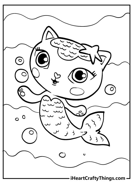 Gabbys Dollhouse printable book page featuring a mermaid cat MerCat having a nice swim