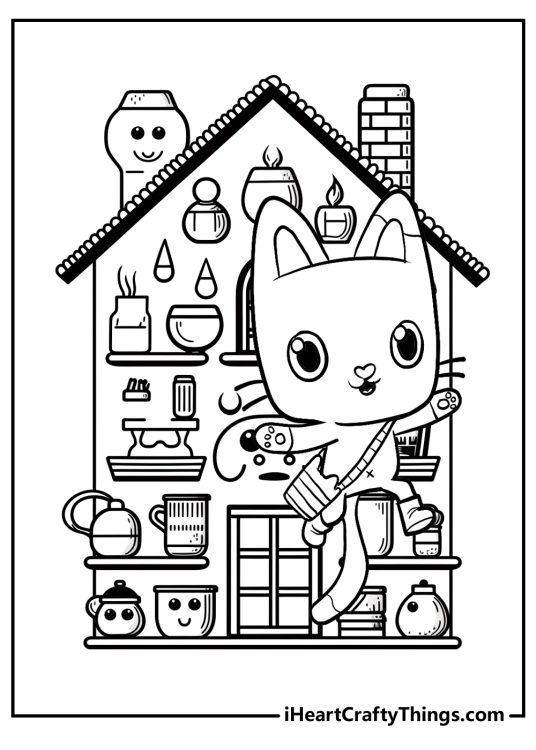Gabbys Dollhouse coloring page depicting Pandy Paws in front of a dollhouse with plenty of amazing details