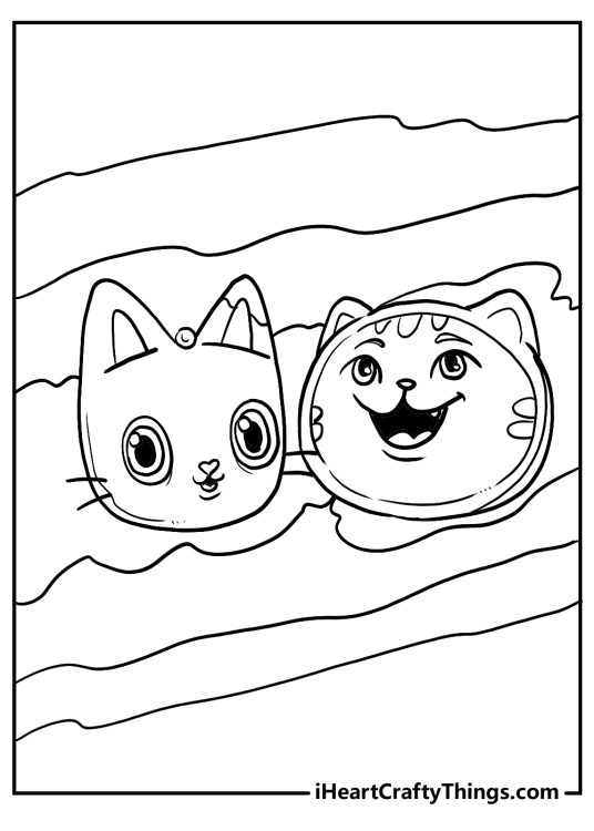 Gabbys Dollhouse picture featuring faces of characters Pandy Paws and DJ Catnip with wavy lines in the background