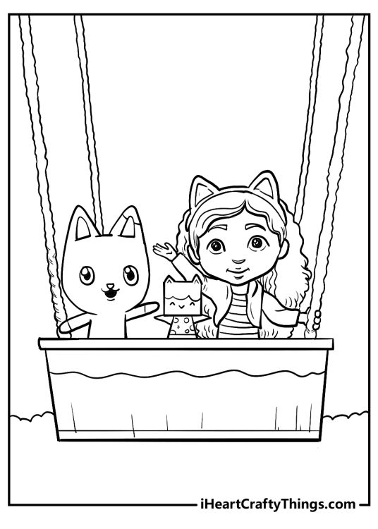 Gabbys Dollhouse-themed printable featuring Gabby and her pals on a hot air balloon ride