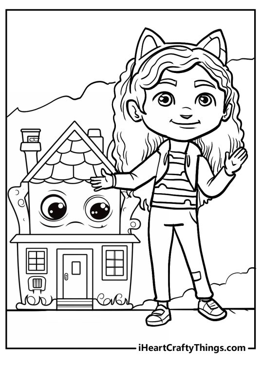 Detailed Gabbys Dollhouse-themed coloring image presenting Gabby along with her dollhouse