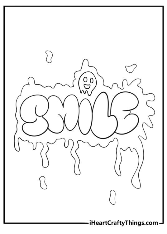graffiti coloring sheet showing bubble style letters with bold outlines