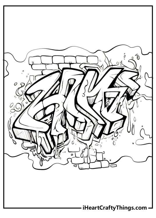 Graffiti coloring sheet presenting design drawn to look like it is dripping down with some brick patterns around it