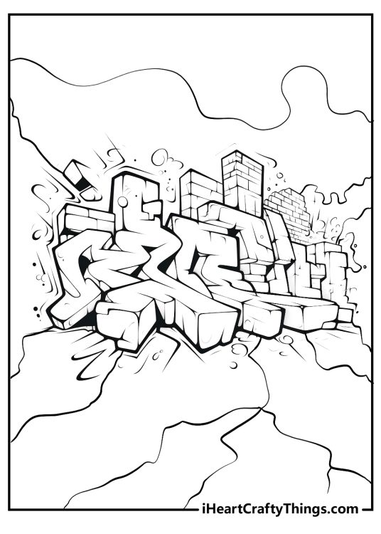 Detailed coloring picture presenting cool graffiti surrounded by brick patterns