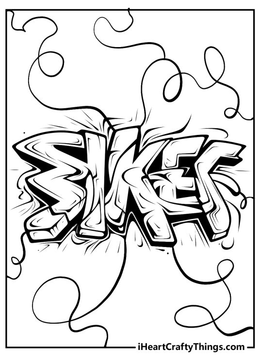 Graffiti coloring sheet presenting cool design made of shapes connected to one another surrounded by swirling lines