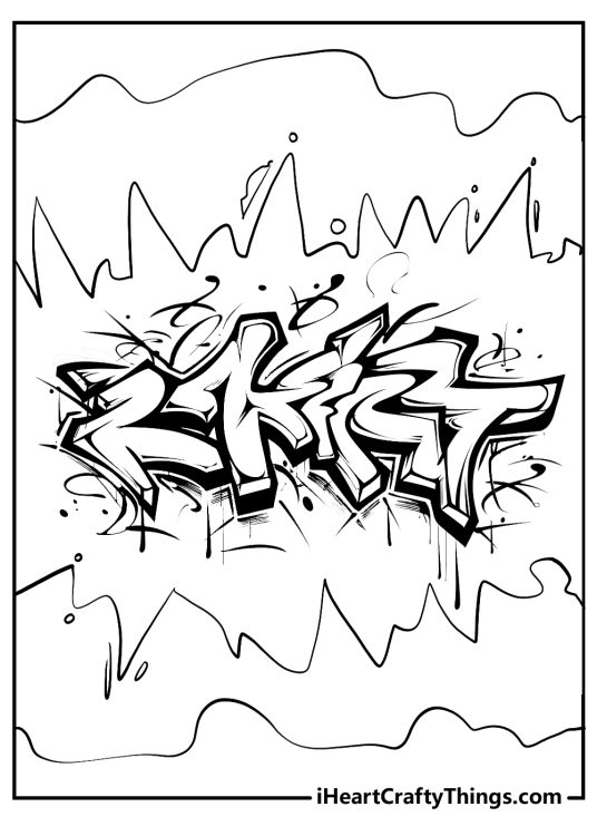 Free printable coloring page presenting graffiti with sharp lines surrounding the design