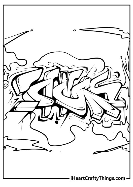 Printable coloring poster presenting creative graffiti with some abstract lines around it