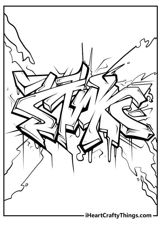 Detailed coloring image featuring cool design graffiti with a lot of sharp shapes and lines