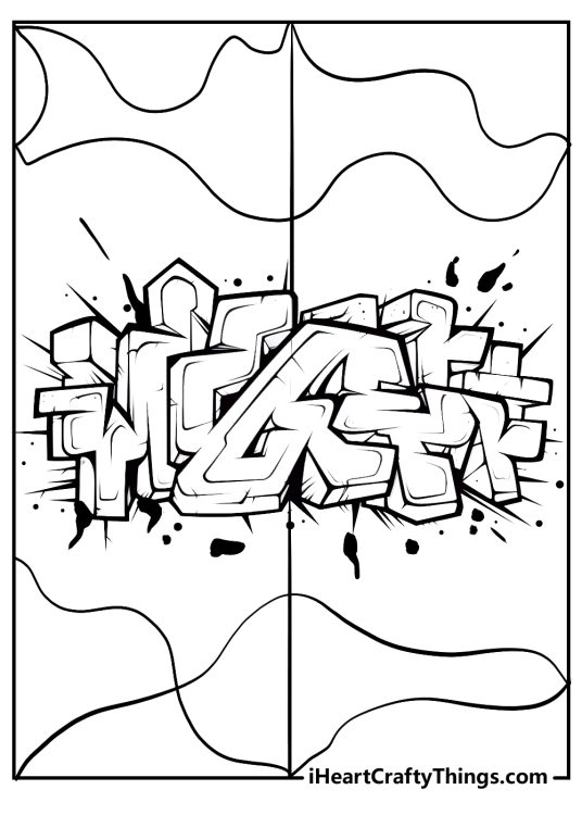 Coloring sheet featuring cool and intense graffiti with wavy design in the background