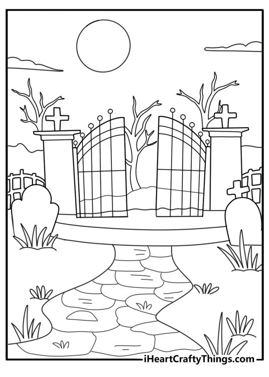 graveyard iron gate with full moon and crooked path detailed coloring page for adults