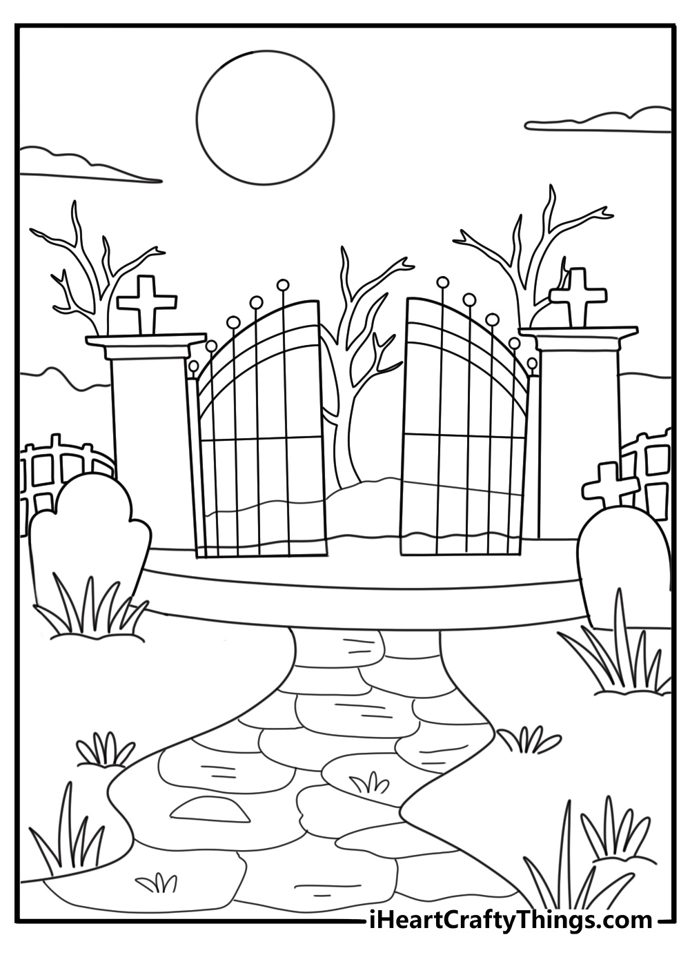 graveyard iron gate with full moon and crooked path detailed coloring page for adults
