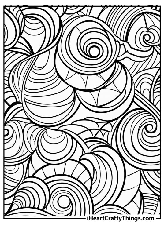 Hard coloring printable for adults presenting page fully covered with a lot of twisty rounded shapes and lines