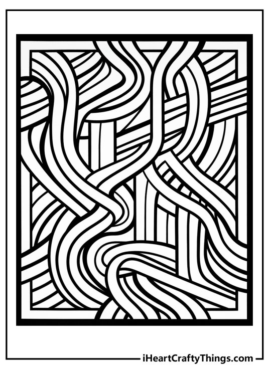 Black-and-white hard coloring poster for adults fully covered with twisting and turning singular shapes