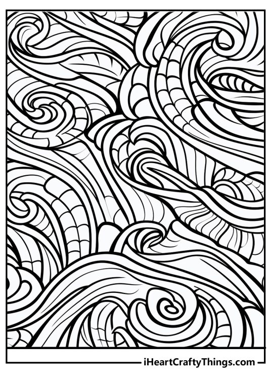 Hard printable coloring page for adults featuring abstract intricate lines and shapes