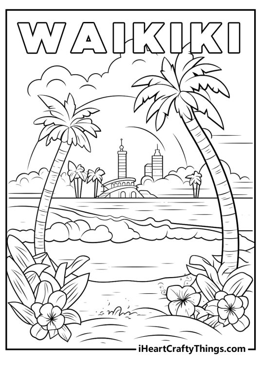 Hawaii-themed coloring card presenting famous beach setting and a word Waikiki written at the top