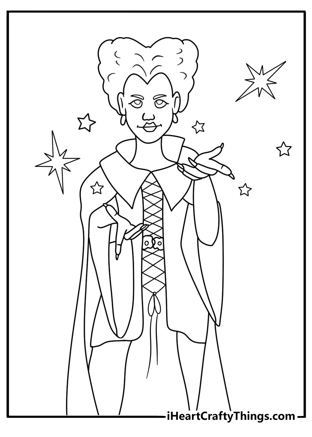 hocus pocus coloring page featuring winifred sanderson casting a magic spell