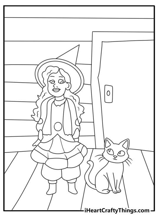 hocus pocus coloring page for kids featuring dani and binx inside the cottage