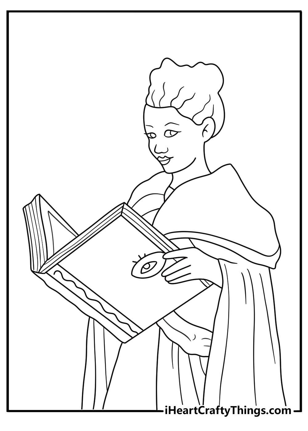 hocus pocus coloring pages scene showing winifred holding her magical spellbook