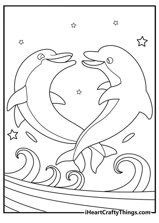 kawaii dolphins coloring sheet free download two dolphins leaping over ocean waves with hearts