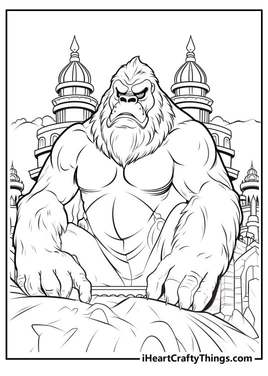 Coloring printable presenting threatful King Kong posed in front of some temples