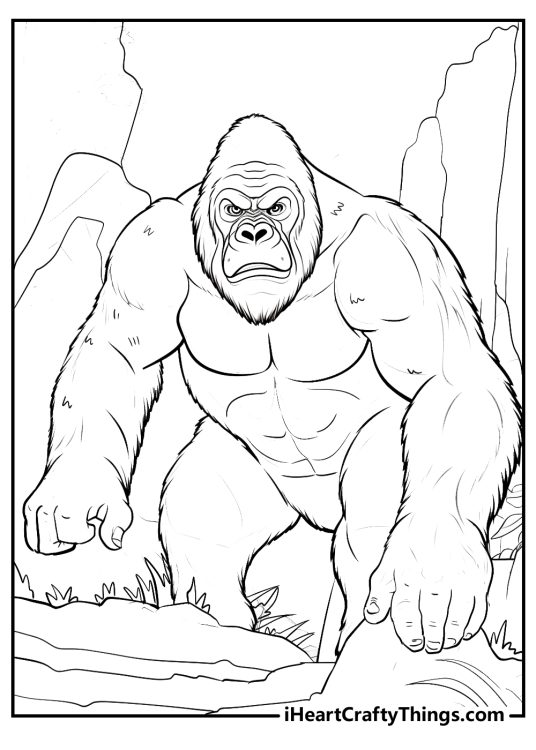 Free printable coloring poster presenting realistic King Kong looking like a giant gorilla