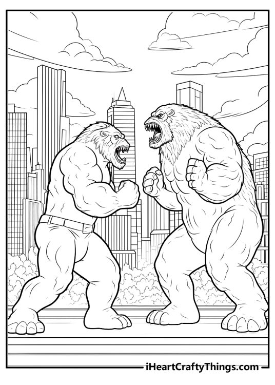 Printable image of a King Kong going up against some truly terrifying giant beasts with the city behind them
