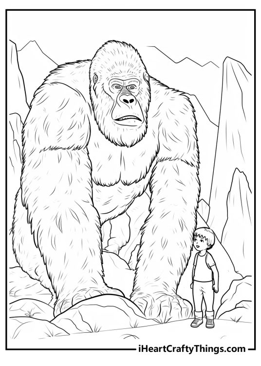 Detailed coloring page depicting furry King Kong with plenty of hair details meeting a brave young boy outdoors
