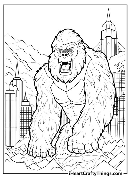 Coloring image for adults presenting an intricate scenery of King Kong rampage through the New York City