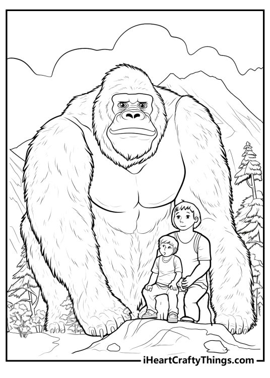 Detailed coloring picture featuring calm King Kong posing with a mother and child in the forest