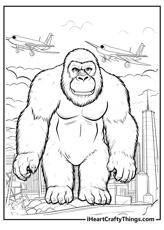 King Kong coloring printable featuring him rampaging through the city with some airplanes above him