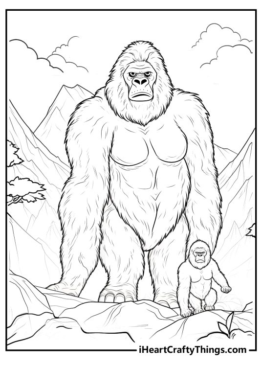Detailed coloring image for adults of a King Kong with a baby gorilla surrounded by mountains