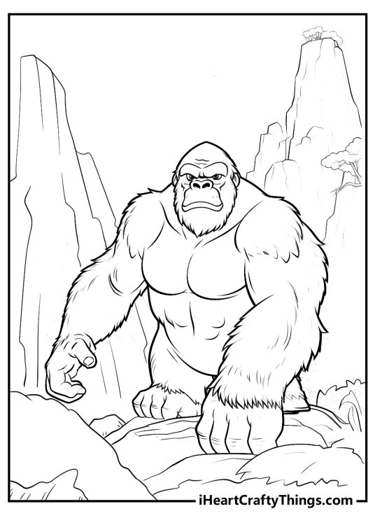 Detailed printable coloring sheet presenting King Kong featured between some rocks