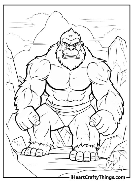 Printable image of a King Kong with matted and untidy fur standing surrounded by some caves