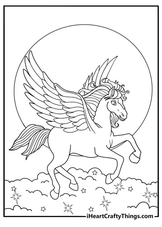 lisa frank pegasus coloring sheet easy pdf pegasus flying past a big moon and glittery clouds