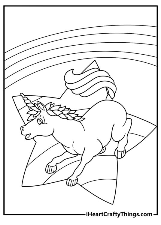 lisa frank unicorn coloring page printable pdf for kids under a rainbow sky with stars