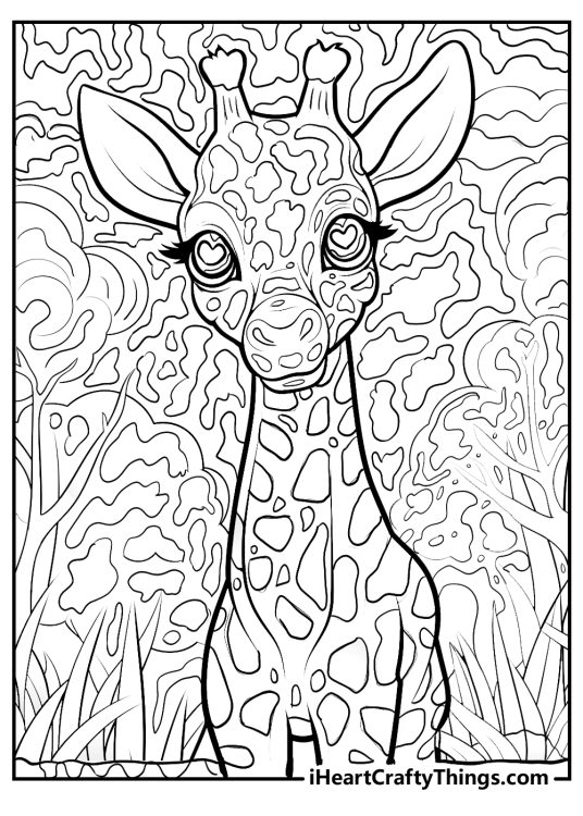 Detailed Lisa Frank coloring page featuring adorable giraffe surrounded by greenery