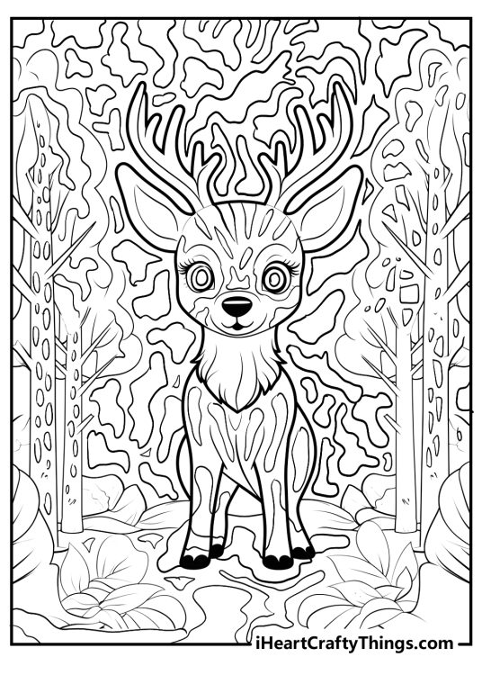 Lisa Frank coloring printable of a Chritstmas reindeer in the forest surrounded by greenery