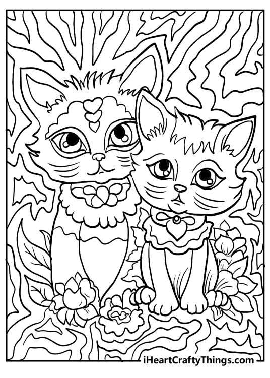Lisa Frank coloring page for children feauturing two cute kitties sitting side by side
