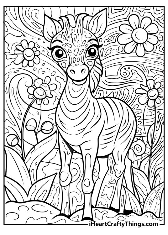 Lisa Frank printable page featuring adorable striped zebra with flowers in the background