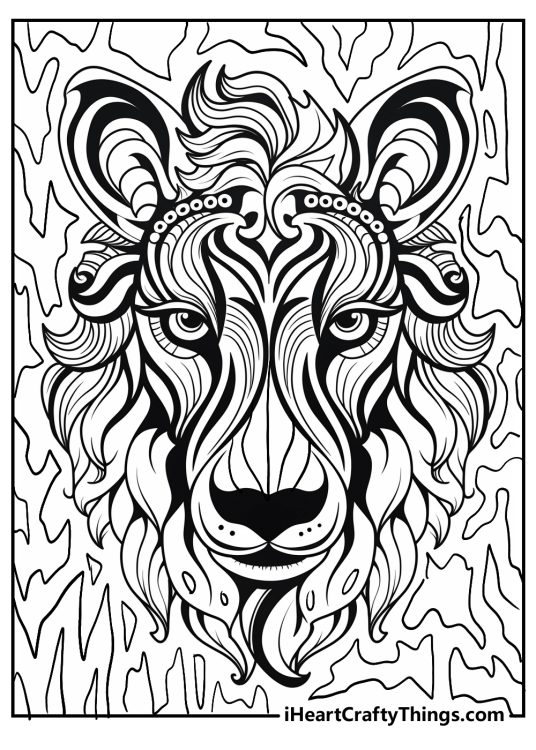 Lisa Frank printable coloring pdf featuring portrait of a majestic lion with a fiery mane
