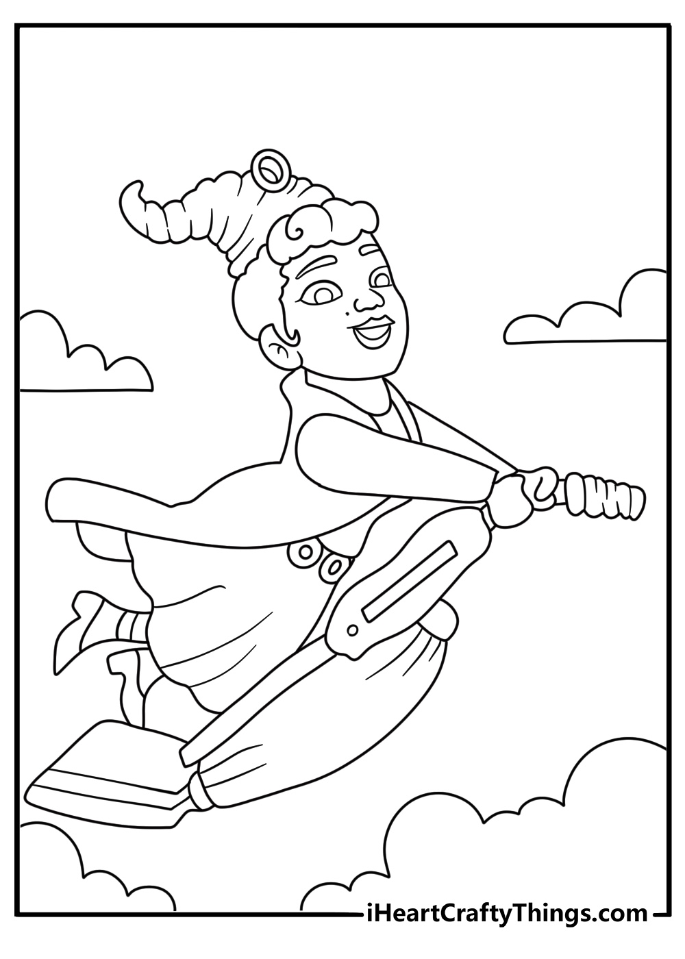 mary sanderson rides a vacuum cleaner in this funny halloween coloring sheet