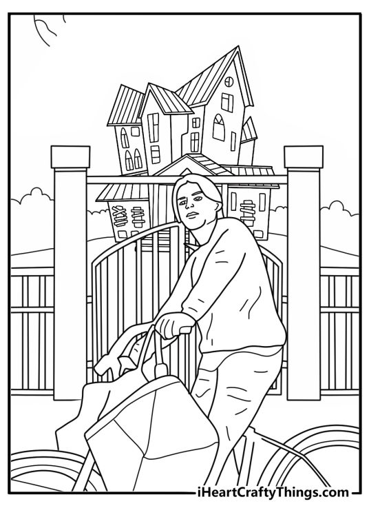 max with bicycle near cemetery fence night scene hocus pocus coloring page pdf