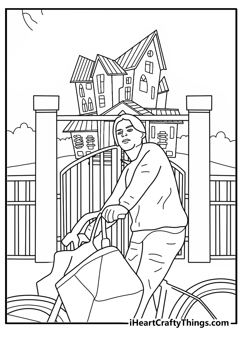max with bicycle near cemetery fence night scene hocus pocus coloring page pdf