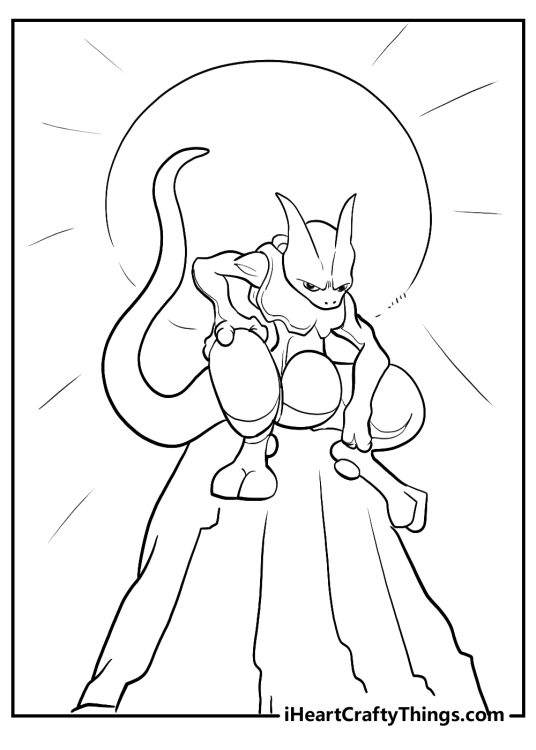 Pokemon Mewtwo sitting on a high rock in a dramatic pose with a sun behind him free printable pdf