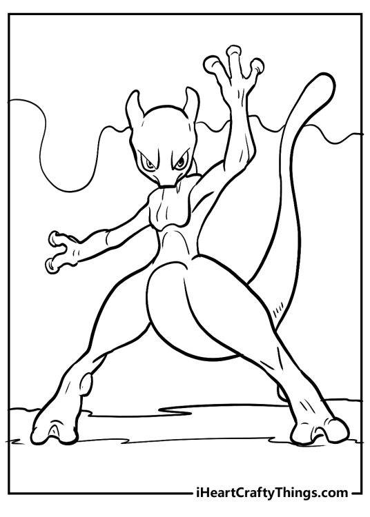 Coloring picture featuring Mewtwo presented like a fighter demonstracting a martial arts move