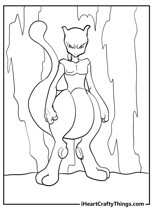 Mewtwo looking intimidating while striking a confident pose in front of some rocks printable page to color