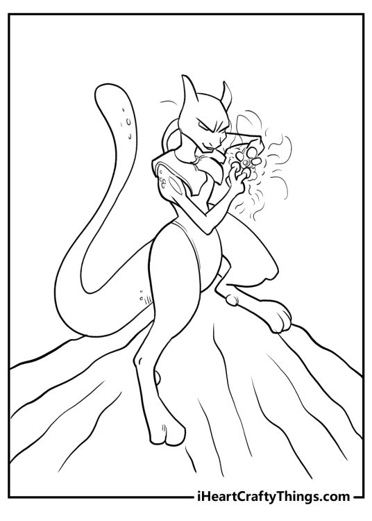 Coloring page featuring concentrated Mewtwo gathering his power for an attack