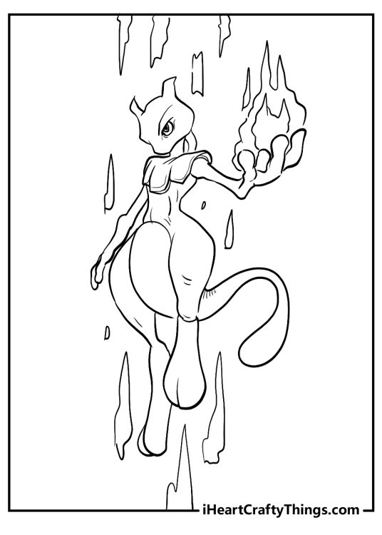 Detailed Pokemon-themed picture featuring Mewtwo floating in the air wielding a huge ball of power
