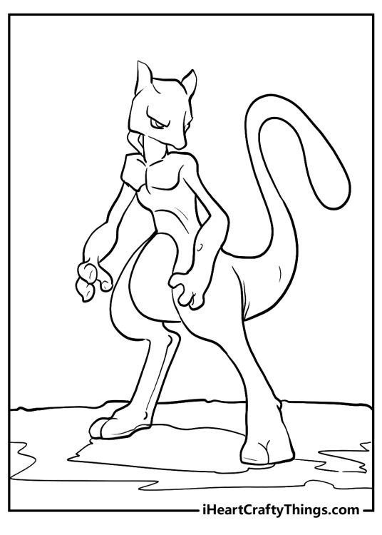 Free printable for children featuring full size Mewtwo posing with intense look on his face