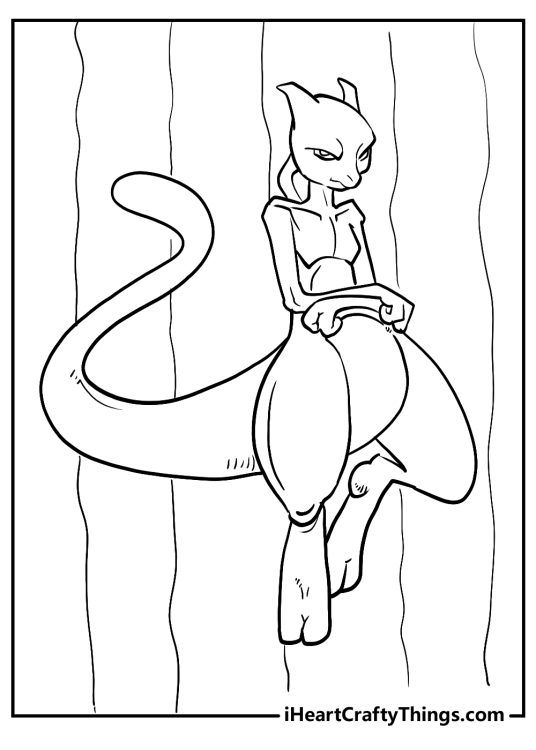 Coloring sheet of a Mewtwo floating in the air looking thoughtful with vertical lines in the background
